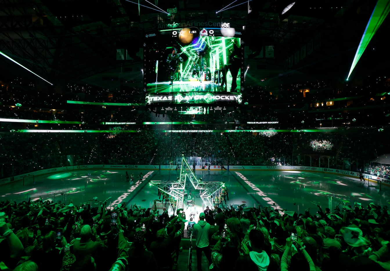 Dallas Stars players take the ice as they are introduced before Game 1 of an opening round...