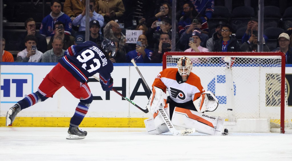 Mika Zibanejad's penalty shot is stopped by Aleksei Kolosov during the Rangers' 8-5 loss to the Flyers on April 9, 2025.
