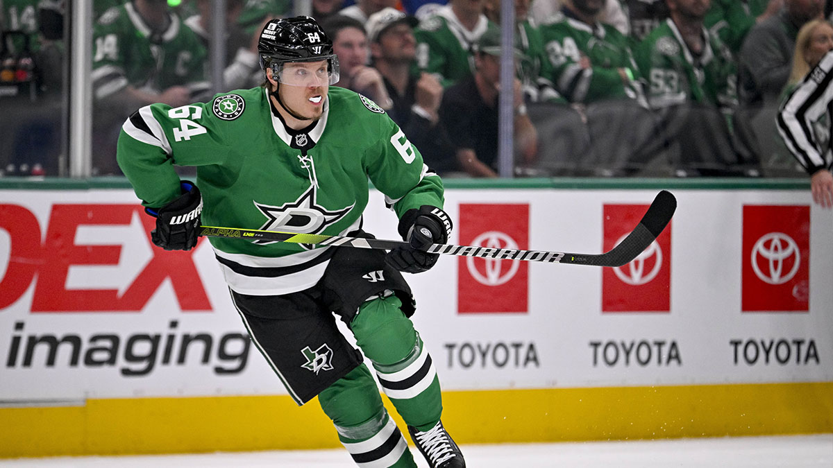 Dallas Stars center Mikael Granlund (64) in action during the game between the Dallas Stars and the Edmonton Oilers in game five of the Western Conference Final of the 2025 Stanley Cup Playoffs at American Airlines Center.