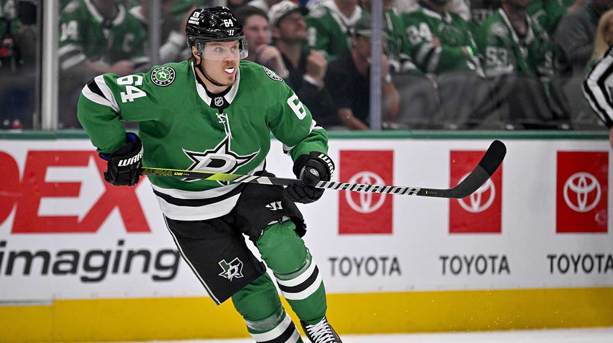 Dallas Stars center Mikael Granlund (64) in action during the game between the Dallas Stars and the Edmonton Oilers in game five of the Western Conference Final of the 2025 Stanley Cup Playoffs at American Airlines Center.