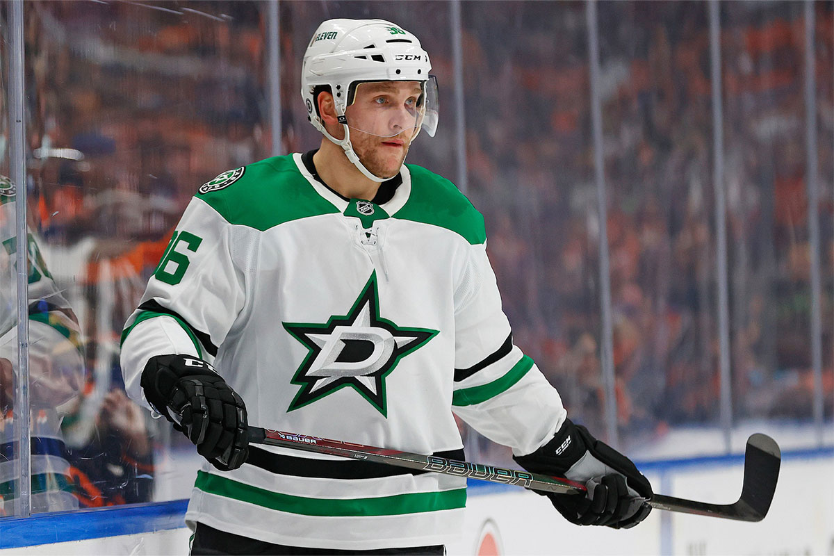 Dallas Stars forward forward Mikko Rantanen (96) follows the play against the Edmonton Oilers at Rogers Place.