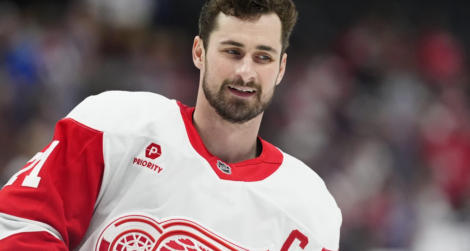 Detroit Red Wings center Dylan Larkin (71) before the game against the Colorado Avalanche at Ball Arena.