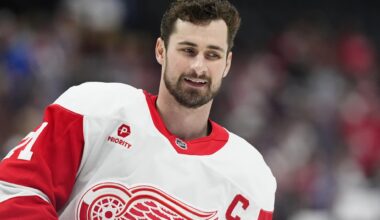 Detroit Red Wings center Dylan Larkin (71) before the game against the Colorado Avalanche at Ball Arena.