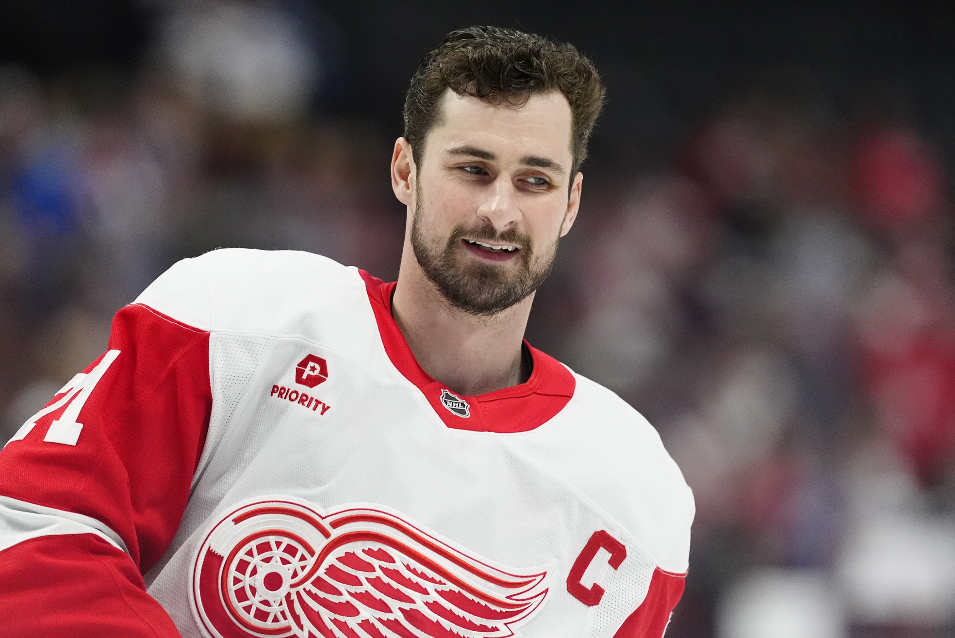 Detroit Red Wings center Dylan Larkin (71) before the game against the Colorado Avalanche at Ball Arena.