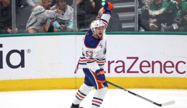 Jeff Skinner #53 of the Edmonton Oilers celebrates after scoring a goal on Jake Oettinger #29 of the Dallas Stars during the first period in Game Five of the Western Conference Final of the 2025 Stanley Cup Playoffs at American Airlines Center.