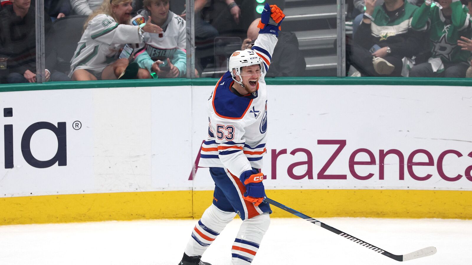 Jeff Skinner #53 of the Edmonton Oilers celebrates after scoring a goal on Jake Oettinger #29 of the Dallas Stars during the first period in Game Five of the Western Conference Final of the 2025 Stanley Cup Playoffs at American Airlines Center.