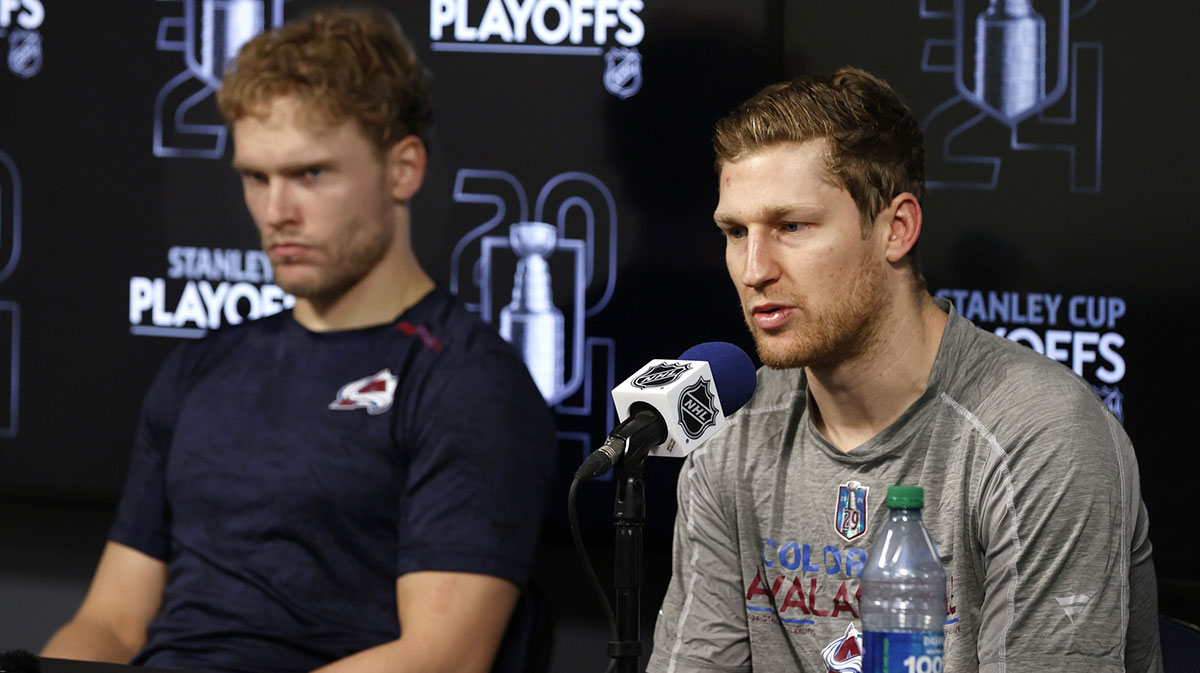 Colorado Avalanche center Nathan MacKinnon (29) and Colorado Avalanche right wing Mikko Rantanen (96) talk to media after their victory over the Winnipeg Jets in game five of the first round of the 2024 Stanley Cup Playoffs at Canada Life Centre.