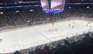 A photo of the ice rink for the Columbus Blue Jackets inside Nationwide Arena.