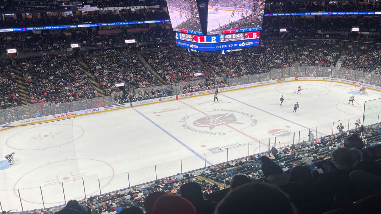 A photo of the ice rink for the Columbus Blue Jackets inside Nationwide Arena.
