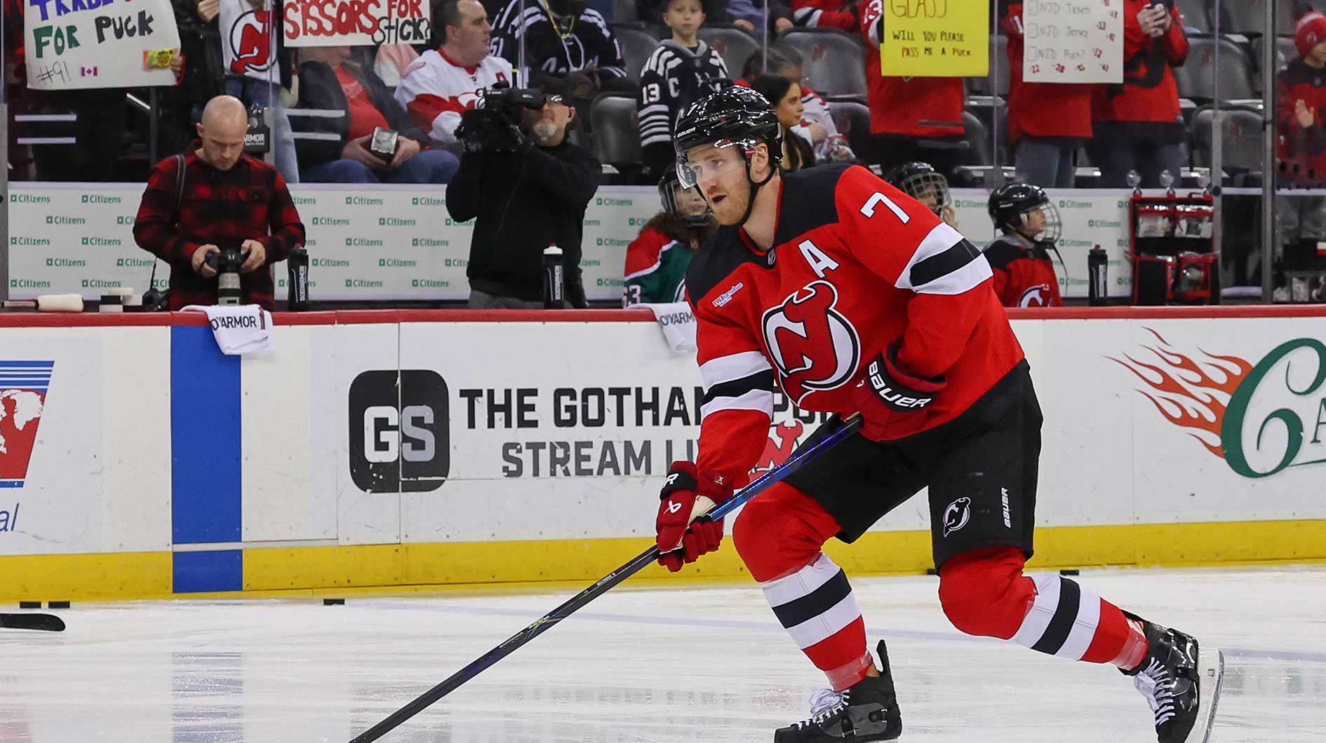 New Jersey Devils defenseman Dougie Hamilton (7) skates during warmups for their game against the Detroit Red Wings at Prudential Center. Hamilton had been out with an injury since March 4, 2025.
