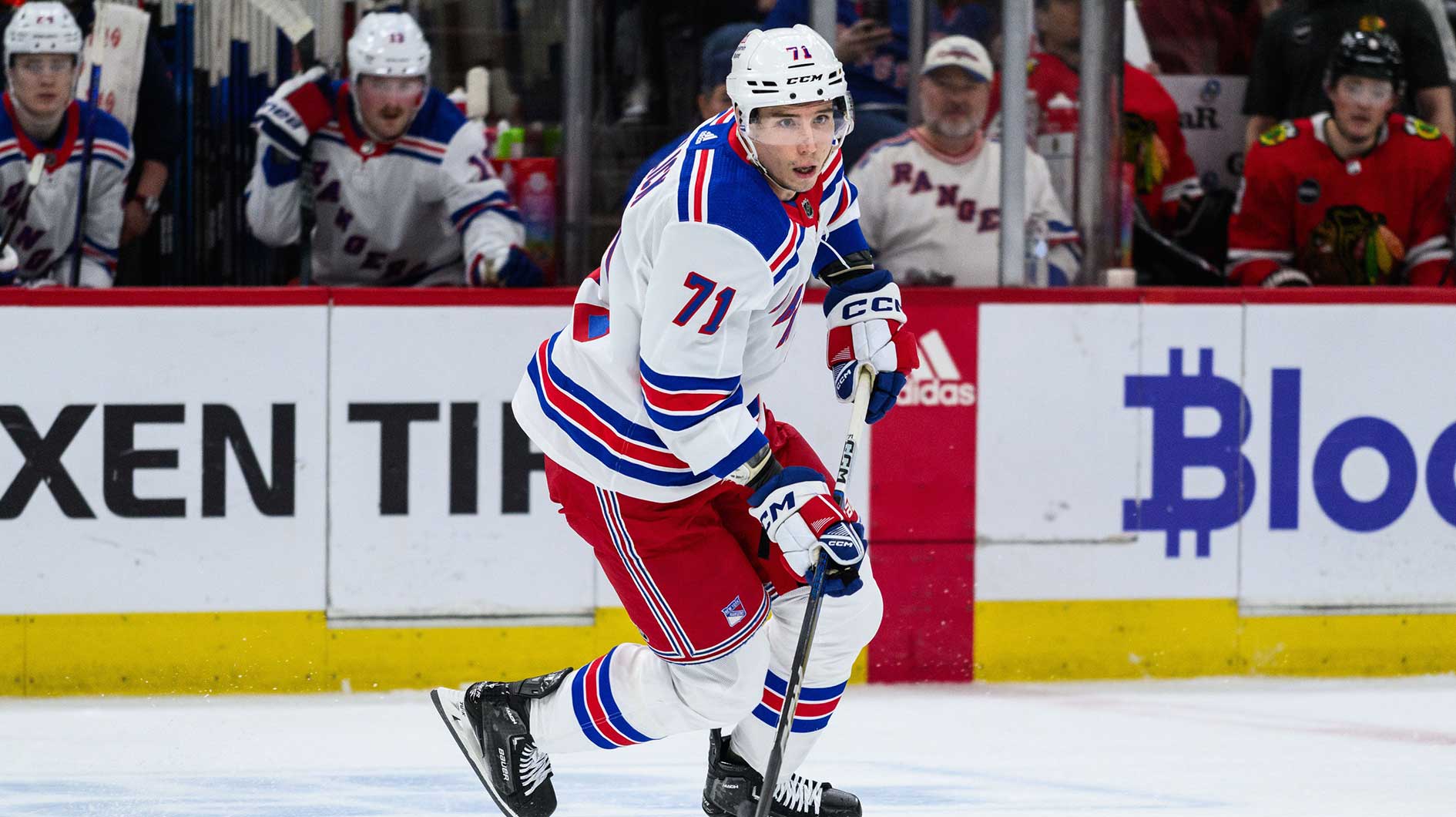  New York Rangers center Tyler Pitlick (71) skates with the puck against the Chicago Blackhawks during the first period at the United Center. 