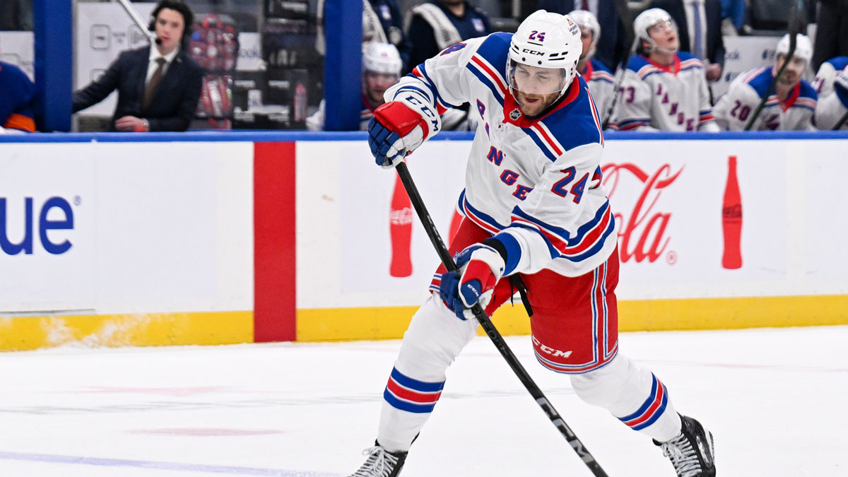 New York Rangers defenseman Carson Soucy (24) attempts a shot against the New York Islanders during the first period at UBS Arena.