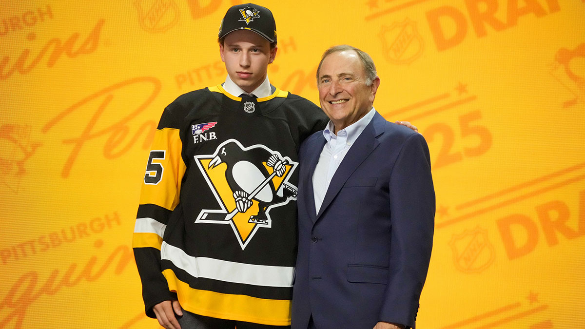 Benjamin Kindel is selected as the 11th overall pick to the Pittsburgh Penguins in the first round of the 2025 NHL Draft at Peacock Theater.