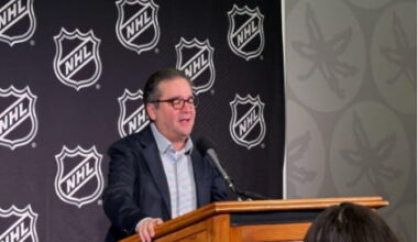 Steve Mayer, NHL President, speaks to the media at the press conference inside the