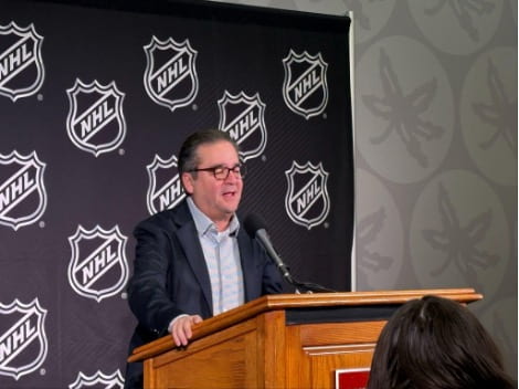 Steve Mayer, NHL President, speaks to the media at the press conference inside the