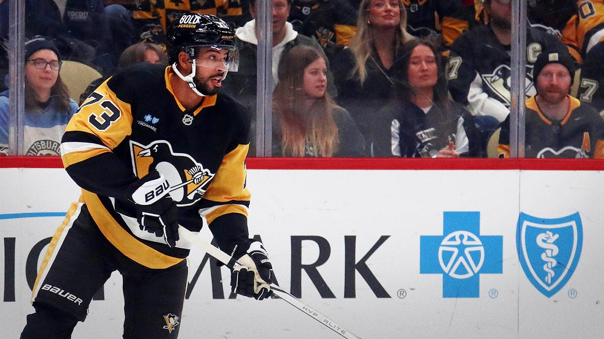 Pittsburgh Penguins defenseman Pierre-Olivier Joseph (73) handles the puck against the Philadelphia Flyers during the first period at PPG Paints Arena