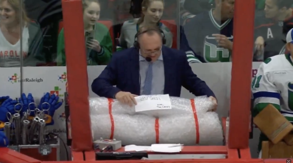 Hurricanes had hilarious gift for Sabres announcer Rob Ray in return to ice after taking puck to face
