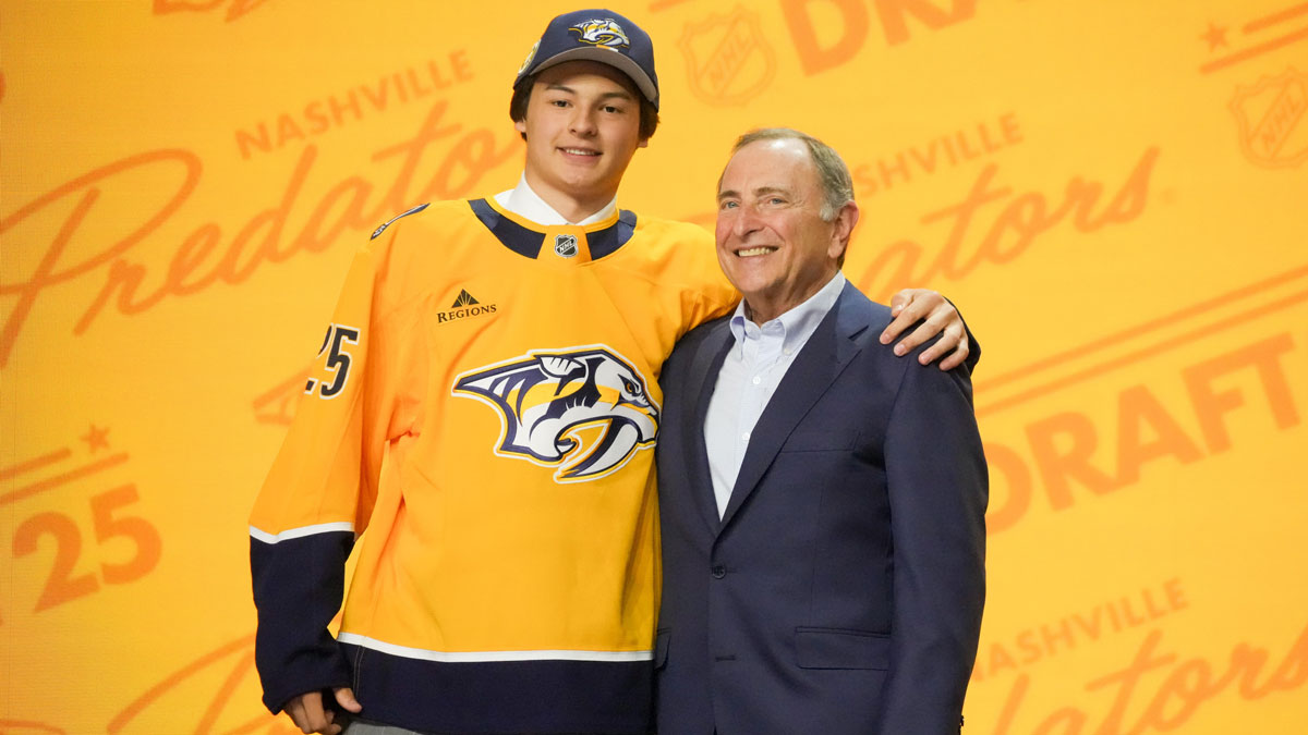 Ryker Lee is selected as the 26th overall pick to the Nashville Predators in the first round of the 2025 NHL Draft at Peacock Theater. 