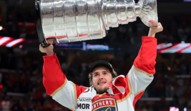 Mackie Samoskevich lifts the Stanley Cup after Florida defeats Edmonton in six games.