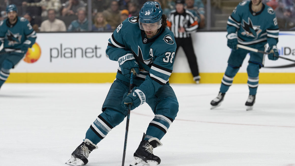 San Jose Sharks defenseman Mario Ferraro (38) controls the puck during the third period against the Calgary Flames at SAP Center at San Jose. 