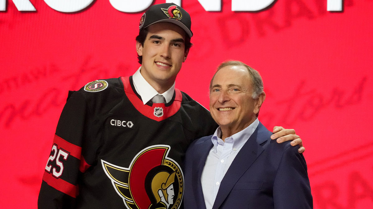 Logan Hensler is selected as the 23rd overall pick to the Ottawa Senators in the first round of the 2025 NHL Draft at Peacock Theater.