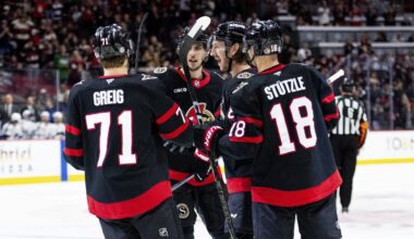 Ottawa Senators defenceman Jake Sanderson, centre-right, celebrates his goal with teammates during second period NHL hockey action against the Tampa Bay Lightning in Ottawa, on Thursday, April 3, 2025. (Spencer Colby/The Canadian Press via AP)
