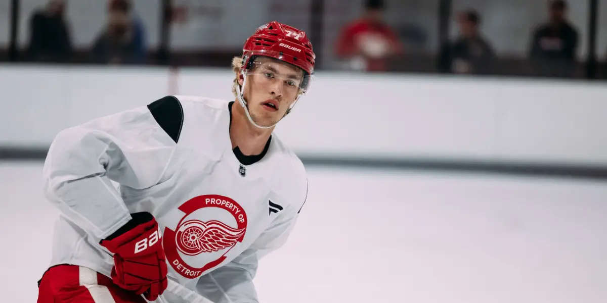 Simon Edvisson skating for the Detroit Red Wings