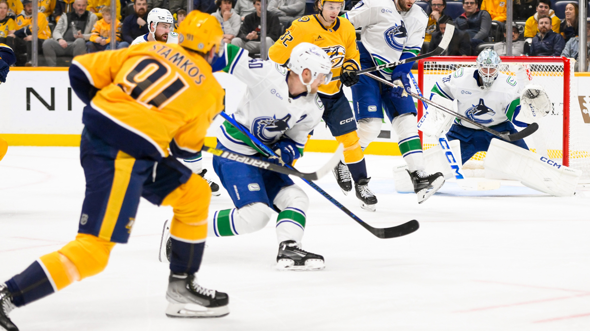 Vancouver Canucks goaltender Thatcher Demko (35) blocks the shot of Nashville Predators center Steven Stamkos (91) during the third period at Bridgestone Arena.
