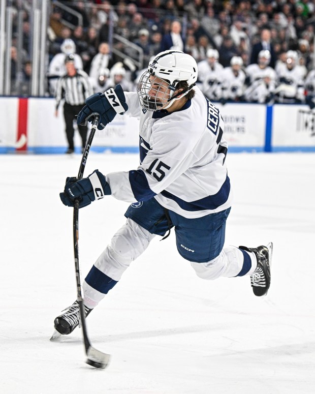 Penn State's Charlie Cerrato (15) during the game with Notre Dame. The No. 18/18 Nittany Lions defeated the Fighting Irish, 5-3 in Big Ten Conference action on Friday evening Feb. 14, 2025 in Pegula Ice Arena. (Photo by Mark Selders)