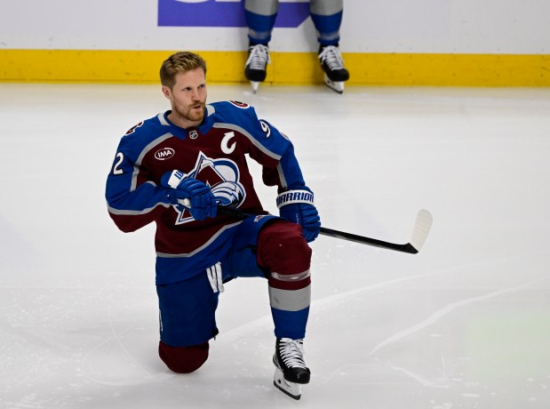 Colorado Avalanche left wing Gabriel Landeskog (92) during warmups before game three of the first round of the NHL playoffs against the Dallas Stars at Ball Arena in Denver on Wednesday, April 23, 2025. (Photo by Andy Cross/The Denver Post)