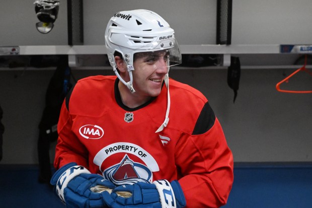 Sean Behrens (2) gets ready to head out onto the ice for the Colorado Avalanche's on-ice Development Camp at Family Sports Center in Dove Valley, Colorado on July 2, 2025. (Photo by RJ Sangosti/The Denver Post)