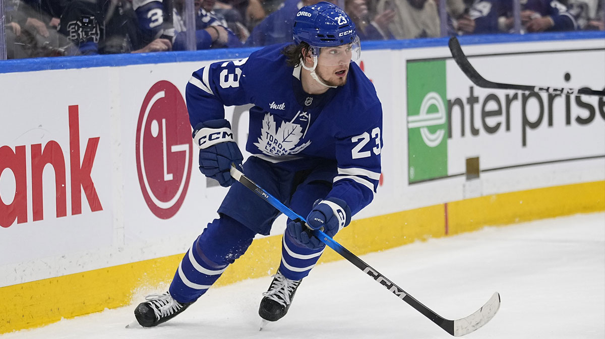 Toronto Maple Leafs forward Matthew Knies (23) carries the puck against the Florida Panthers during the first period of game five of the second round of the 2025 Stanley Cup Playoffs at Scotiabank Arena