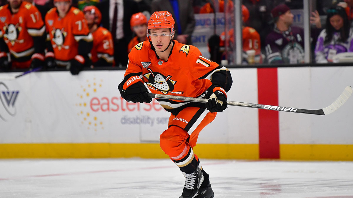 Anaheim Ducks center Trevor Zegras (11) in action against the Pittsburgh Penguins during the third period at Honda Center.