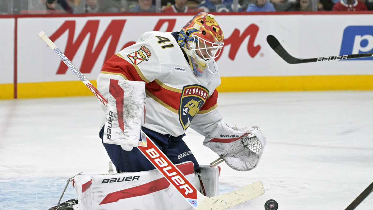 Florida Panthers goalie Vitek Vanecek (41) makes a save during the second period of the game against the Montreal Canadiens at the Bell Centre.
