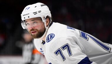 Tampa Bay Lightning defenseman Victor Hedman (77) looks on during the second period of an NHL hockey game against the Washington Capitals, Saturday, March 1, 2025, in Washington. (AP Photo/Nick Wass)