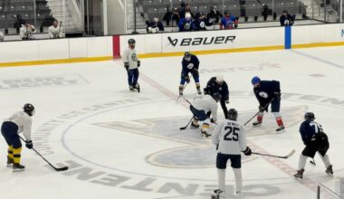 Members of the St. Louis Blues Warrior Hockey organization practice Tuesday at the Centene Community Ice Center. The organization launched five years ago and provides an opportunity for disabled and injured veterans to play hockey. (Spectrum News/Elizabeth Barmeier)