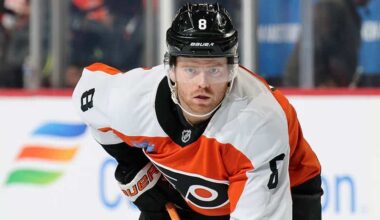 PHILADELPHIA, PENNSYLVANIA - OCTOBER 22: Cam York #8 of the Philadelphia Flyers looks on against the Washington Capitals at the Wells Fargo Center on October 22, 2024 in Philadelphia, Pennsylvania.
