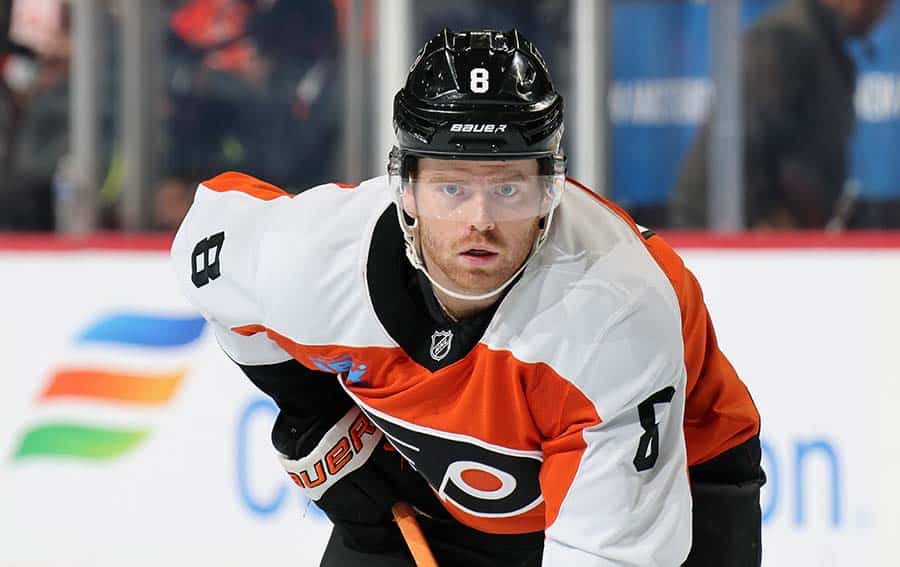 PHILADELPHIA, PENNSYLVANIA - OCTOBER 22: Cam York #8 of the Philadelphia Flyers looks on against the Washington Capitals at the Wells Fargo Center on October 22, 2024 in Philadelphia, Pennsylvania.