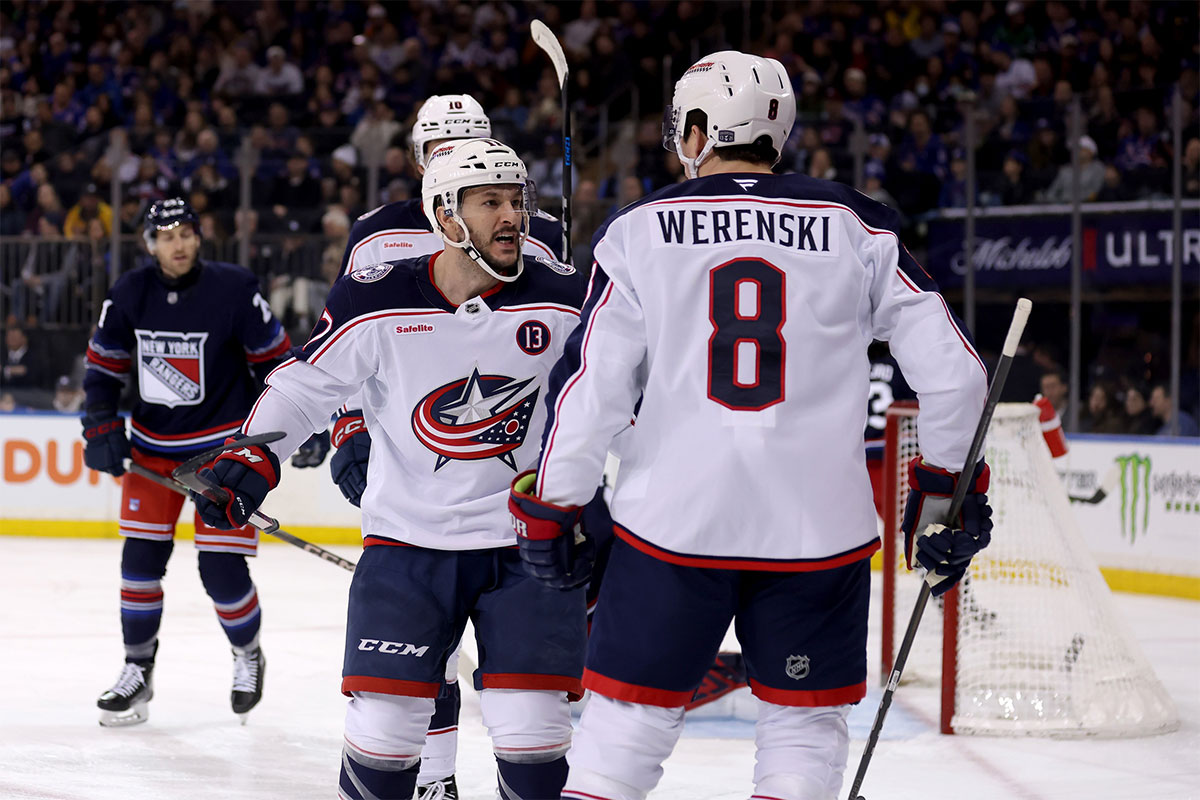 Columbus Blue Jackets right wing Justin Danforth (17) celebrates his goal against the New York Rangers with defenseman Zach Werenski (8) during the first period at Madison Square Garden.