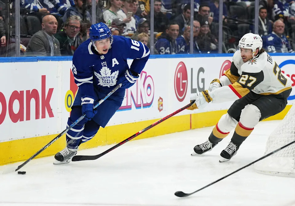 <i>Former Toronto Maple Leafs right wing Mitchell Marner (16) skates with the puck as Vegas Golden Knights defenseman Shea Theodore (27) tries to defend during the third period of an NHL game at Scotiabank Arena on Nov. 8, 2022. <b>PHOTO Nick Turchiaro-Imagn Images</b></i>
