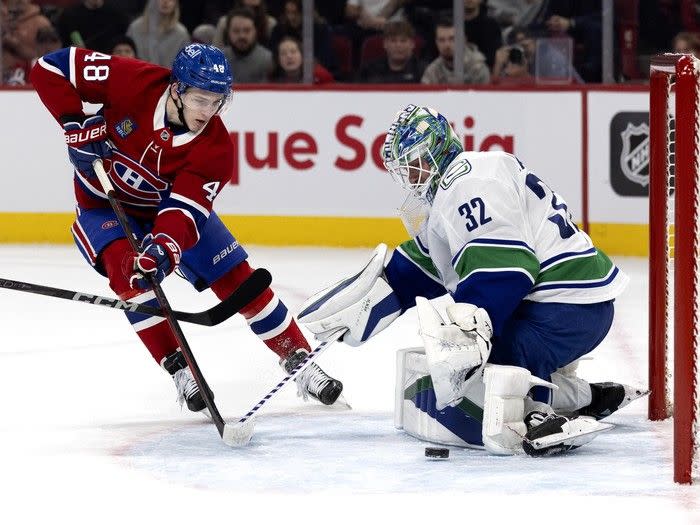  Kevin Lankinen denies Canadiens defenceman Lane Hutson in Jan.6 matchup at Montreal. Lankinen won his first 10 road starts last season to set NHL record.