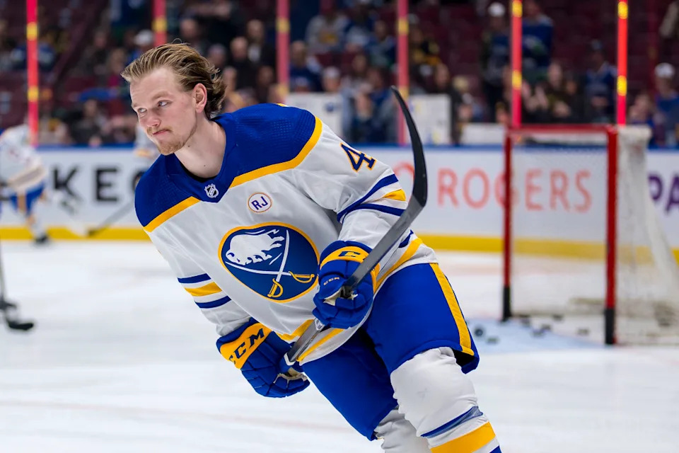 Buffalo Sabres defenseman Bowen Byram (4) skates during warm-ups.Bob Frid-USA TODAY Sports