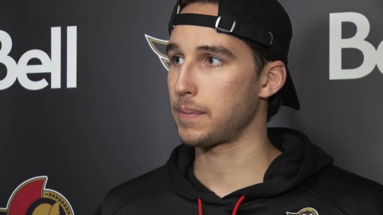 Ottawa Senators forward Dylan Cozens speaks with the media on March 25, 2025. (Spectrum News 1 Photo)