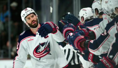 Columbus Blue Jackets center Boone Jenner celebrates his goal scored against the Arizona Coyotes during the first period of an NHL hockey game Tuesday, March 26, 2024, in Tempe, Ariz. (AP Photo/Ross D. Franklin)