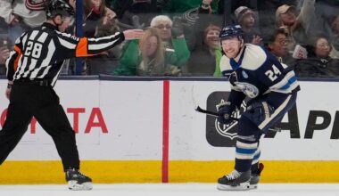 Columbus Blue Jackets right wing Mathieu Olivier (24) reacts after scoring in the third period of an NHL hockey game against the New Jersey Devils Monday, March 17, 2025, in Columbus, Ohio. (AP Photo/Sue Ogrocki)