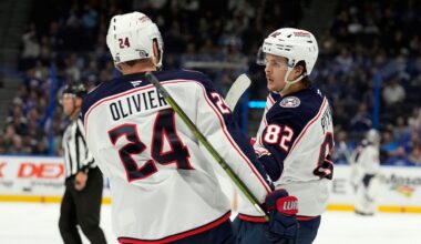 Columbus Blue Jackets left wing Mikael Pyyhtia (82) celebrates his goal against the Tampa Bay Lightning with right wing Mathieu Olivier (24) during the third period of an NHL hockey game Tuesday, Dec. 17, 2024, in Tampa, Fla. (AP Photo/Chris O'Meara)