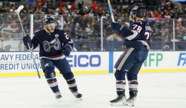 Columbus Blue Jackets' Dmitri Voronkov (10) returns to the bench after scoring during the first period of an NHL hockey game against the Pittsburgh Penguins in Pittsburgh, Tuesday, Jan. 7, 2025. (AP Photo/Gene J. Puskar)