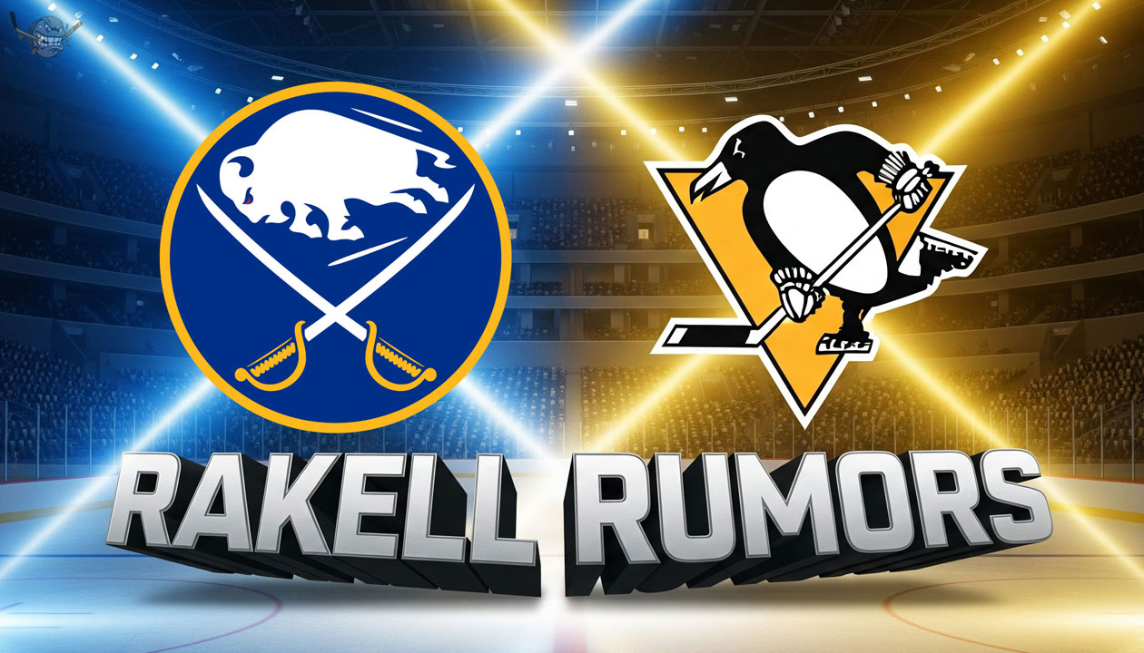 Widescreen image featuring the Buffalo Sabres and Pittsburgh Penguins logos with the words "Rakell Rumors" in large 3D text below.