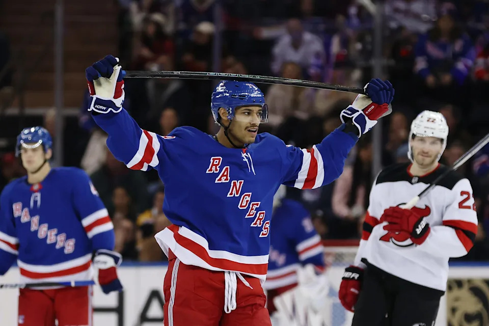 NEW YORK, NEW YORK - DECEMBER 02: K'Andre Miller #79 of the New York Rangers reacts after a call during the second period against the New Jersey Devils at Madison Square Garden on December 02, 2024 in New York City.