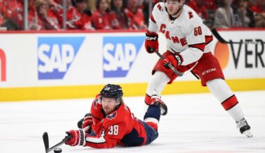 Washington Capitals defenseman Rasmus Sandin (38) dives for the puck past Carolina Hurricanes left wing Eric Robinson (50) in the second period of Game 2 of a second-round NHL hockey playoff series Thursday, May 8, 2025, in Washington. (AP Photo/Nick Wass)